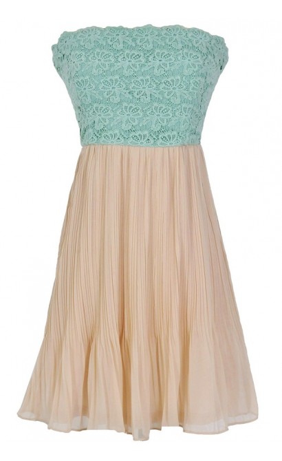 Sweet Nothings Lace and Pleated Chiffon Designer Dress in Sage/Beige